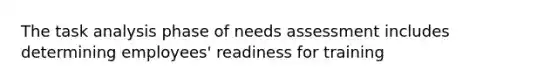 The task analysis phase of needs assessment includes determining employees' readiness for training