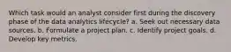 Which task would an analyst consider first during the discovery phase of the data analytics lifecycle? a. Seek out necessary data sources. b. Formulate a project plan. c. Identify project goals. d. Develop key metrics.