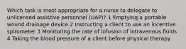 Which task is most appropriate for a nurse to delegate to unlicensed assistive personnel (UAP)? 1 Emptying a portable wound drainage device 2 Instructing a client to use an incentive spirometer 3 Monitoring the rate of infusion of intravenous fluids 4 Taking the blood pressure of a client before physical therapy