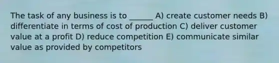 The task of any business is to ______ A) create customer needs B) differentiate in terms of cost of production C) deliver customer value at a profit D) reduce competition E) communicate similar value as provided by competitors