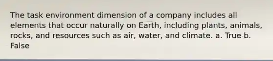 The task environment dimension of a company includes all elements that occur naturally on Earth, including plants, animals, rocks, and resources such as air, water, and climate. a. True b. False