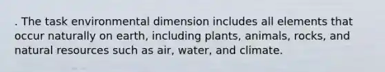 . The task environmental dimension includes all elements that occur naturally on earth, including plants, animals, rocks, and <a href='https://www.questionai.com/knowledge/k6l1d2KrZr-natural-resources' class='anchor-knowledge'>natural resources</a> such as air, water, and climate.