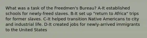 What was a task of the Freedmen's Bureau? A-It established schools for newly-freed slaves. B-It set up "return to Africa" trips for former slaves. C-It helped transition Native Americans to city and industrial life. D-It created jobs for newly-arrived immigrants to the United States