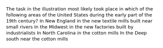 The task in the illustration most likely took place in which of the following areas of the United States during the early part of the 19th century? In New England in the new textile mills built near small rivers In the Midwest in the new factories built by industrialists In North Carolina in the cotton mills In the Deep south near the cotton mills