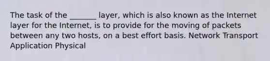 The task of the _______ layer, which is also known as the Internet layer for the Internet, is to provide for the moving of packets between any two hosts, on a best effort basis. Network Transport Application Physical