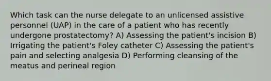 Which task can the nurse delegate to an unlicensed assistive personnel (UAP) in the care of a patient who has recently undergone prostatectomy? A) Assessing the patient's incision B) Irrigating the patient's Foley catheter C) Assessing the patient's pain and selecting analgesia D) Performing cleansing of the meatus and perineal region