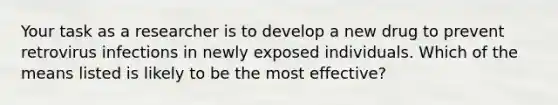 Your task as a researcher is to develop a new drug to prevent retrovirus infections in newly exposed individuals. Which of the means listed is likely to be the most effective?