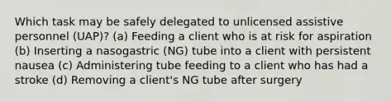 Which task may be safely delegated to unlicensed assistive personnel (UAP)? (a) Feeding a client who is at risk for aspiration (b) Inserting a nasogastric (NG) tube into a client with persistent nausea (c) Administering tube feeding to a client who has had a stroke (d) Removing a client's NG tube after surgery