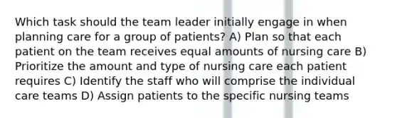 Which task should the team leader initially engage in when planning care for a group of patients? A) Plan so that each patient on the team receives equal amounts of nursing care B) Prioritize the amount and type of nursing care each patient requires C) Identify the staff who will comprise the individual care teams D) Assign patients to the specific nursing teams