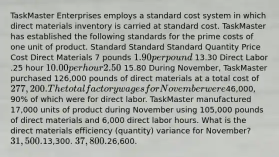 TaskMaster Enterprises employs a standard cost system in which direct materials inventory is carried at standard cost. TaskMaster has established the following standards for the prime costs of one unit of product. Standard Standard Standard Quantity Price Cost Direct Materials 7 pounds 1.90 per pound 13.30 Direct Labor .25 hour 10.00 per hour 2.50 15.80 During November, TaskMaster purchased 126,000 pounds of direct materials at a total cost of 277,200. The total factory wages for November were46,000, 90% of which were for direct labor. TaskMaster manufactured 17,000 units of product during November using 105,000 pounds of direct materials and 6,000 direct labor hours. What is the direct materials efficiency (quantity) variance for November? 31,500.13,300. 37,800.26,600.