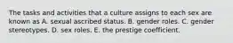 The tasks and activities that a culture assigns to each sex are known as A. sexual ascribed status. B. gender roles. C. gender stereotypes. D. sex roles. E. the prestige coefficient.