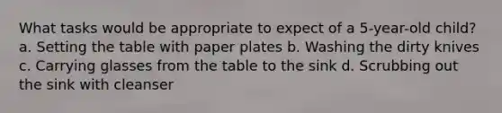 What tasks would be appropriate to expect of a 5-year-old child? a. Setting the table with paper plates b. Washing the dirty knives c. Carrying glasses from the table to the sink d. Scrubbing out the sink with cleanser