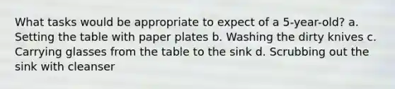 What tasks would be appropriate to expect of a 5-year-old? a. Setting the table with paper plates b. Washing the dirty knives c. Carrying glasses from the table to the sink d. Scrubbing out the sink with cleanser