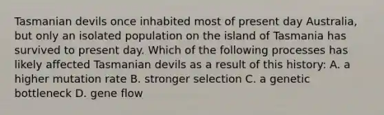 Tasmanian devils once inhabited most of present day Australia, but only an isolated population on the island of Tasmania has survived to present day. Which of the following processes has likely affected Tasmanian devils as a result of this history: A. a higher mutation rate B. stronger selection C. a genetic bottleneck D. gene flow