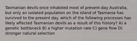 Tasmanian devils once inhabited most of present-day Australia, but only an isolated population on the island of Tasmania has survived to the present day. which of the following processes has likely affected Tasmanian devils as a result of this history? A) a genetic bottleneck B) a higher mutation rate C) gene flow D) stronger natural selection