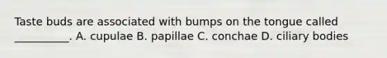 Taste buds are associated with bumps on the tongue called __________. A. cupulae B. papillae C. conchae D. ciliary bodies