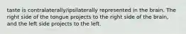 taste is contralaterally/ipsilaterally represented in the brain. The right side of the tongue projects to the right side of the brain, and the left side projects to the left.