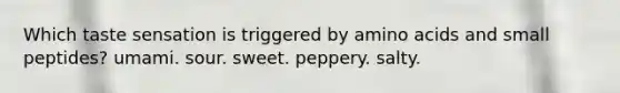 Which taste sensation is triggered by amino acids and small peptides? umami. sour. sweet. peppery. salty.