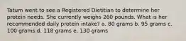 Tatum went to see a Registered Dietitian to determine her protein needs. She currently weighs 260 pounds. What is her recommended daily protein intake? a. 80 grams b. 95 grams c. 100 grams d. 118 grams e. 130 grams