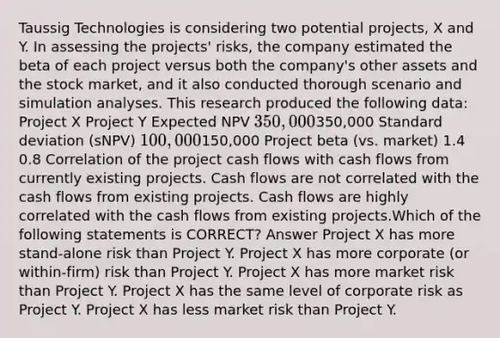 Taussig Technologies is considering two potential projects, X and Y. In assessing the projects' risks, the company estimated the beta of each project versus both the company's other assets and the stock market, and it also conducted thorough scenario and simulation analyses. This research produced the following data: Project X Project Y Expected NPV 350,000350,000 Standard deviation (sNPV) 100,000150,000 Project beta (vs. market) 1.4 0.8 Correlation of the project cash flows with cash flows from currently existing projects. Cash flows are not correlated with the cash flows from existing projects. Cash flows are highly correlated with the cash flows from existing projects.Which of the following statements is CORRECT? Answer Project X has more stand-alone risk than Project Y. Project X has more corporate (or within-firm) risk than Project Y. Project X has more market risk than Project Y. Project X has the same level of corporate risk as Project Y. Project X has less market risk than Project Y.