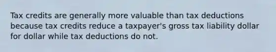 Tax credits are generally more valuable than tax deductions because tax credits reduce a taxpayer's gross tax liability dollar for dollar while tax deductions do not.