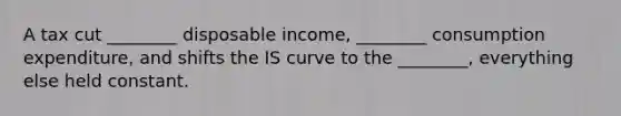 A tax cut ________ disposable income, ________ consumption expenditure, and shifts the IS curve to the ________, everything else held constant.