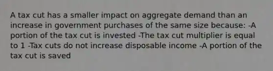 A tax cut has a smaller impact on aggregate demand than an increase in government purchases of the same size because: -A portion of the tax cut is invested -The tax cut multiplier is equal to 1 -Tax cuts do not increase disposable income -A portion of the tax cut is saved