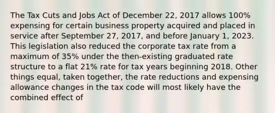 The Tax Cuts and Jobs Act of December 22, 2017 allows 100% expensing for certain business property acquired and placed in service after September 27, 2017, and before January 1, 2023. This legislation also reduced the corporate tax rate from a maximum of 35% under the then-existing graduated rate structure to a flat 21% rate for tax years beginning 2018. Other things equal, taken together, the rate reductions and expensing allowance changes in the tax code will most likely have the combined effect of