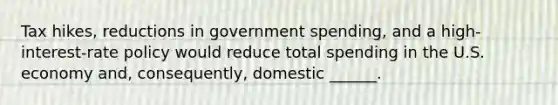 Tax hikes, reductions in government spending, and a high-interest-rate policy would reduce total spending in the U.S. economy and, consequently, domestic ______.