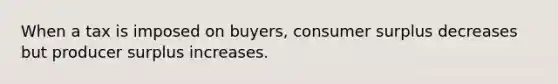 When a tax is imposed on buyers, consumer surplus decreases but producer surplus increases.