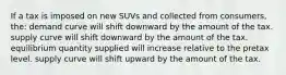 If a tax is imposed on new SUVs and collected from consumers, the: demand curve will shift downward by the amount of the tax. supply curve will shift downward by the amount of the tax. equilibrium quantity supplied will increase relative to the pretax level. supply curve will shift upward by the amount of the tax.