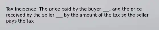 Tax Incidence: The price paid by the buyer ___, and the price received by the seller ___ by the amount of the tax so the seller pays the tax