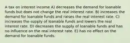 A tax on interest income A) decreases the demand for loanable funds but does not change the real interest rate. B) increases the demand for loanable funds and raises the real interest rate. C) increases the supply of loanable funds and lowers the real interest rate. D) decreases the supply of loanable funds and has no influence on the real interest rate. E) has no effect on the demand for loanable funds.