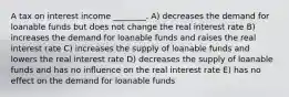 A tax on interest income ________. A) decreases the demand for loanable funds but does not change the real interest rate B) increases the demand for loanable funds and raises the real interest rate C) increases the supply of loanable funds and lowers the real interest rate D) decreases the supply of loanable funds and has no influence on the real interest rate E) has no effect on the demand for loanable funds