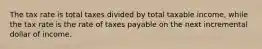 The tax rate is total taxes divided by total taxable income, while the tax rate is the rate of taxes payable on the next incremental dollar of income.