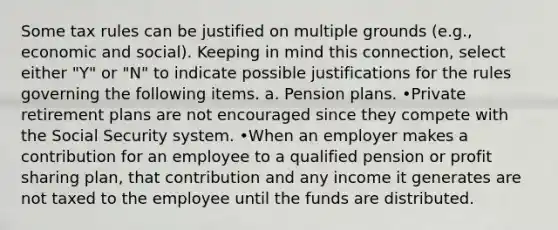 Some tax rules can be justified on multiple grounds (e.g., economic and social). Keeping in mind this connection, select either "Y" or "N" to indicate possible justifications for the rules governing the following items. a. Pension plans. •Private retirement plans are not encouraged since they compete with the Social Security system. •When an employer makes a contribution for an employee to a qualified pension or profit sharing plan, that contribution and any income it generates are not taxed to the employee until the funds are distributed.