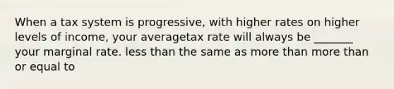 When a tax system is progressive, with higher rates on higher levels of income, your averagetax rate will always be _______ your marginal rate. less than the same as more than more than or equal to