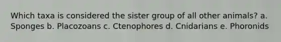 Which taxa is considered the sister group of all other animals? a. Sponges b. Placozoans c. Ctenophores d. Cnidarians e. Phoronids