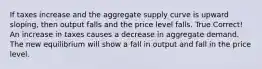 If taxes increase and the aggregate supply curve is upward sloping, then output falls and the price level falls. True Correct! An increase in taxes causes a decrease in aggregate demand. The new equilibrium will show a fall in output and fall in the price level.