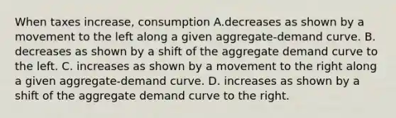 When taxes increase, consumption A.decreases as shown by a movement to the left along a given aggregate-demand curve. B. decreases as shown by a shift of the aggregate demand curve to the left. C. increases as shown by a movement to the right along a given aggregate-demand curve. D. increases as shown by a shift of the aggregate demand curve to the right.