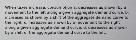 When taxes increase, consumption a. decreases as shown by a movement to the left along a given aggregate-demand curve. b. increases as shown by a shift of the aggregate demand curve to the right. c. increases as shown by a movement to the right along a given aggregate-demand curve. d. decreases as shown by a shift of the aggregate demand curve to the left.