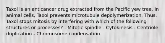 Taxol is an anticancer drug extracted from the Pacific yew tree. In animal cells, Taxol prevents microtubule depolymerization. Thus, Taxol stops mitosis by interfering with which of the following structures or processes? - Mitotic spindle - Cytokinesis - Centriole duplication - Chromosome condensation