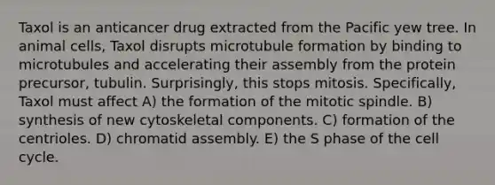 Taxol is an anticancer drug extracted from the Pacific yew tree. In animal cells, Taxol disrupts microtubule formation by binding to microtubules and accelerating their assembly from the protein precursor, tubulin. Surprisingly, this stops mitosis. Specifically, Taxol must affect A) the formation of the mitotic spindle. B) synthesis of new cytoskeletal components. C) formation of the centrioles. D) chromatid assembly. E) the S phase of the cell cycle.