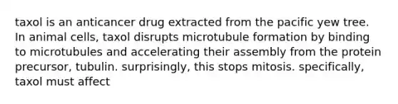 taxol is an anticancer drug extracted from the pacific yew tree. In animal cells, taxol disrupts microtubule formation by binding to microtubules and accelerating their assembly from the protein precursor, tubulin. surprisingly, this stops mitosis. specifically, taxol must affect