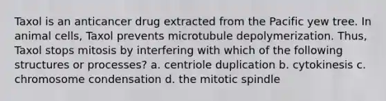 Taxol is an anticancer drug extracted from the Pacific yew tree. In animal cells, Taxol prevents microtubule depolymerization. Thus, Taxol stops mitosis by interfering with which of the following structures or processes? a. centriole duplication b. cytokinesis c. chromosome condensation d. the mitotic spindle