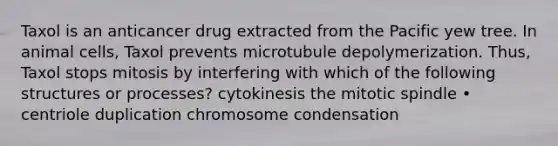 Taxol is an anticancer drug extracted from the Pacific yew tree. In animal cells, Taxol prevents microtubule depolymerization. Thus, Taxol stops mitosis by interfering with which of the following structures or processes? cytokinesis the mitotic spindle • centriole duplication chromosome condensation