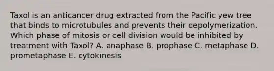 Taxol is an anticancer drug extracted from the Pacific yew tree that binds to microtubules and prevents their depolymerization. Which phase of mitosis or cell division would be inhibited by treatment with Taxol? A. anaphase B. prophase C. metaphase D. prometaphase E. cytokinesis