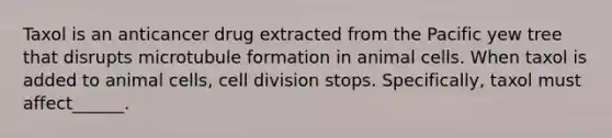 Taxol is an anticancer drug extracted from the Pacific yew tree that disrupts microtubule formation in animal cells. When taxol is added to animal cells, cell division stops. Specifically, taxol must affect______.