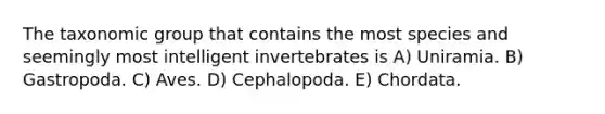 The taxonomic group that contains the most species and seemingly most intelligent invertebrates is A) Uniramia. B) Gastropoda. C) Aves. D) Cephalopoda. E) Chordata.