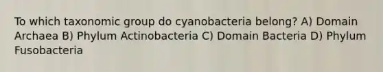 To which taxonomic group do cyanobacteria belong? A) Domain Archaea B) Phylum Actinobacteria C) Domain Bacteria D) Phylum Fusobacteria